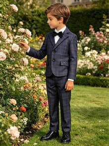 3pcs Tween Boy Plaid Suit Set, Autumn/Winter, Pageboy Outfit For Wedding, Baby's 1st Birthday, Piano Recital (Jacket + Pants + Bowtie) - Grey - View 2