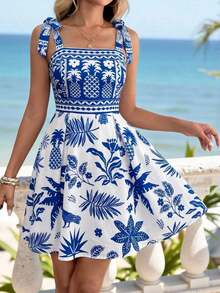 Vestido mini de mujer con cintura ceñida, tirantes anudados y unicolor - Multicolor 5 - Ver 4