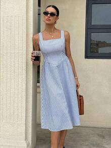 Vestido casual de verano para mujer con cuello cuadrado sin mangas a rayas - Celeste - Ver 4