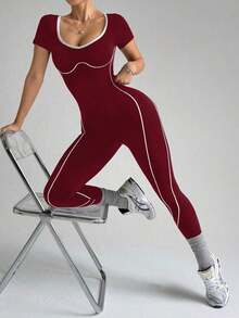 Dewbera 1 pieza Mono deportivo para mujer con diseño de letras sin costuras para correr, yoga y fitness - Burdeos - Ver 7