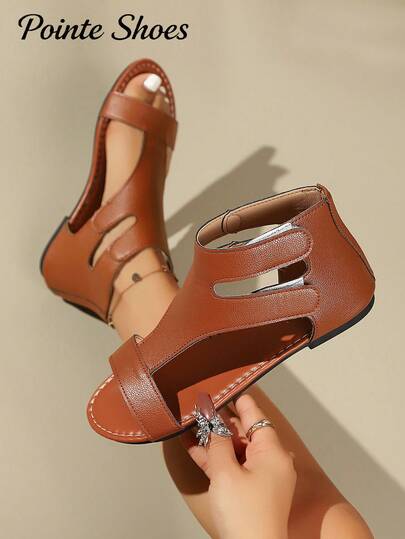 2026 Summer New Brown Vintage Hollow-Out High-Top Fashionable Versatile Soft Bottom Breathable Flat Sandals