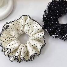 1 chiếc dây buộc tóc bằng polyester họa tiết hình học, kiểu dáng Hàn Quốc đa năng, chấm bi đen trắng, có bèo nhún. - Nhiều màu - Xem 3