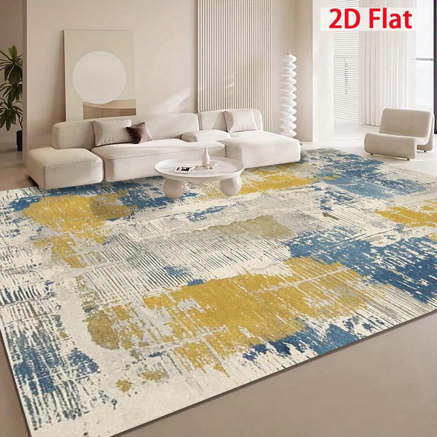 Alfombra de área rectangular de gran tamaño, lujosa, suave y gruesa, con patrón de arte abstracto vintage desgastado en esquema de color amarillo, azul y gris, adecuada para salas de estar de alto tráfico, espacios interiores, dormitorios, oficinas, comedores, salas de juegos, lavaderos, decoración del hogar, decoración de habitaciones, apta para todas las estaciones, Halloween, Navidad - 1PC - Ver 1