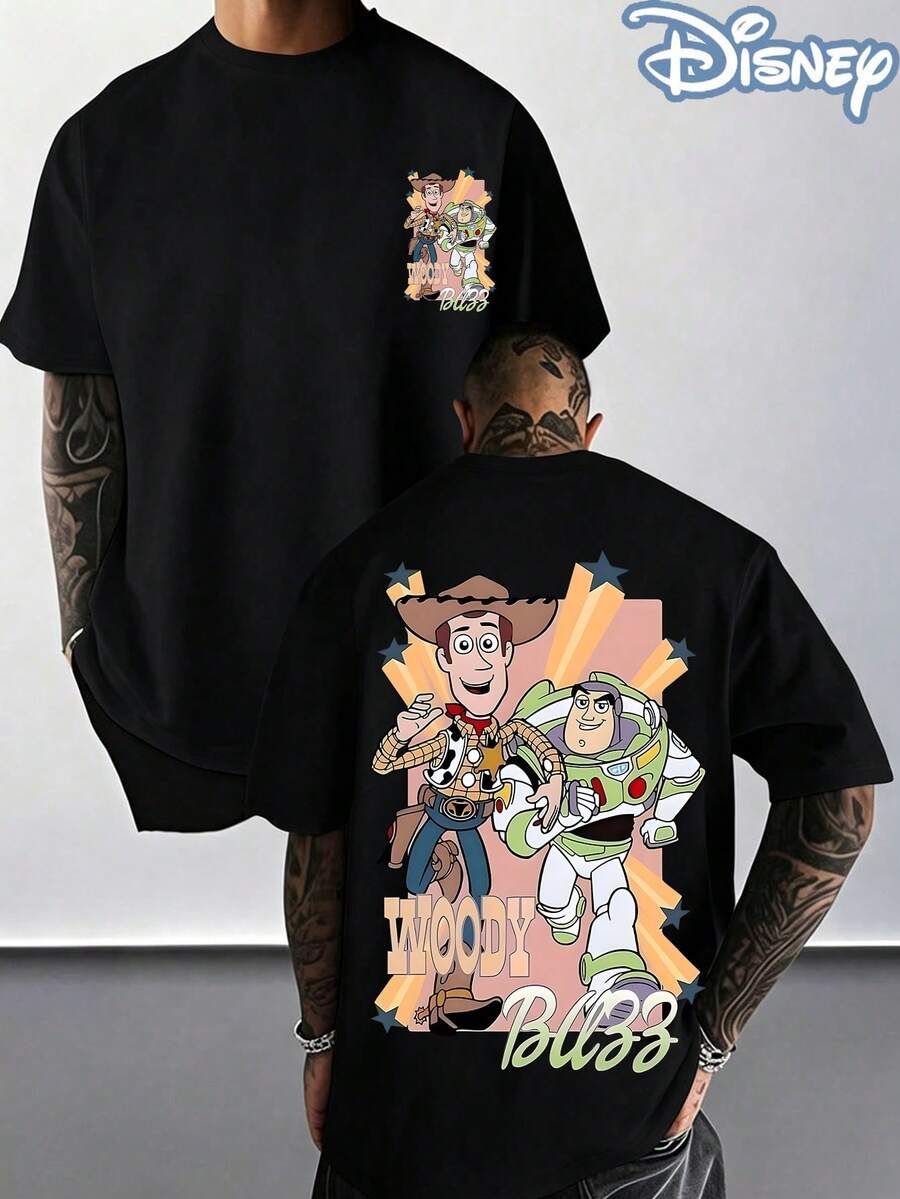 Disney Toy Story T-Shirt, Woody & Buzz Lightyear Graphic Tee, Unisex Oversized Cotton Casual Short Sleeve Tops, Double Sided Print Toy Story T-Shirt For Men Women, Perfect For Fans & Daily Wear - 黑色 - 查看 1
