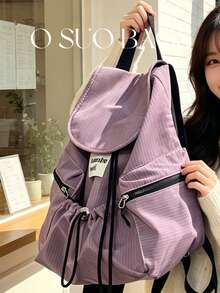 Ba lô nylon kẻ caro thời trang, dung tích lớn, nhiều ngăn, chống thấm nước, nhẹ, có thể gấp gọn, dây rút, có miếng dán chữ, thích hợp cho mùa hè. - Màu tím hoa cà - Xem 3