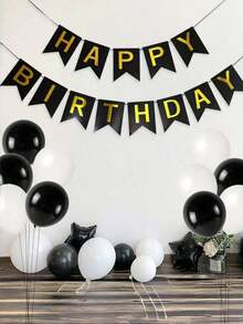 黑色生日快樂紙製吊旗套組，燙金 Happy Birthday 字母橫幅，現代金屬字母圖案裝飾拉旗，適用生日派對活動裝飾，黑色生日裝飾，週年紀念 - 彩色 - 查看 12
