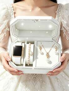 5/4/1 Set modisch minimalistisch elegante niedliche quadratische Damen LED Digital Uhr mit luxuriösem Perlen Schmuckset inklusive Halskette, Armband, Ohrringe. Geeignet für Partys, Ausflüge, Festivals. Tolles Geschenk zu Weihnachten, Schulanfang, Karneval, Feiertagen, Muttertag - Verschiedenfarbig - Übersicht 6