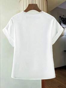 Blusa Minimalista con Cuello en V y Detalle Trenzado, Manga Corta con Puño Enrollado, Tela Ligera, Top Informal para Uso Diario - Blanco - Ver 4