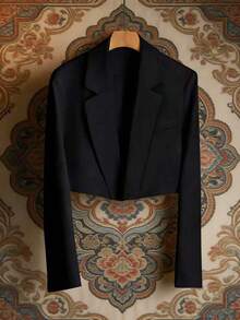 Plus Size Women Solid Color Cropped Thin Blazer Black - Black - View 1