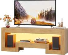 JUSTOGO Modern TV Stand For 65 Inch TV, Wood Entertainment Center With LED Lights, TV Console With Large Open Storage For Living Room Bedroom, 54" TV Table Media Console, Natural - A - Xem 1