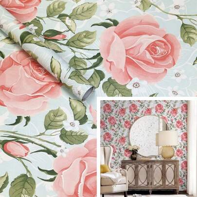 1 Roll Vintage Floral Wallpaper, Pink Flower Self-Adhesive Removable Contact Paper, Suitable For Living Room, Kitchen, Bedroom, Dorm, Wall, Furniture Renovation, DIY Easy Installation, 17.7inX39.3/118.1/196.8/393.7in