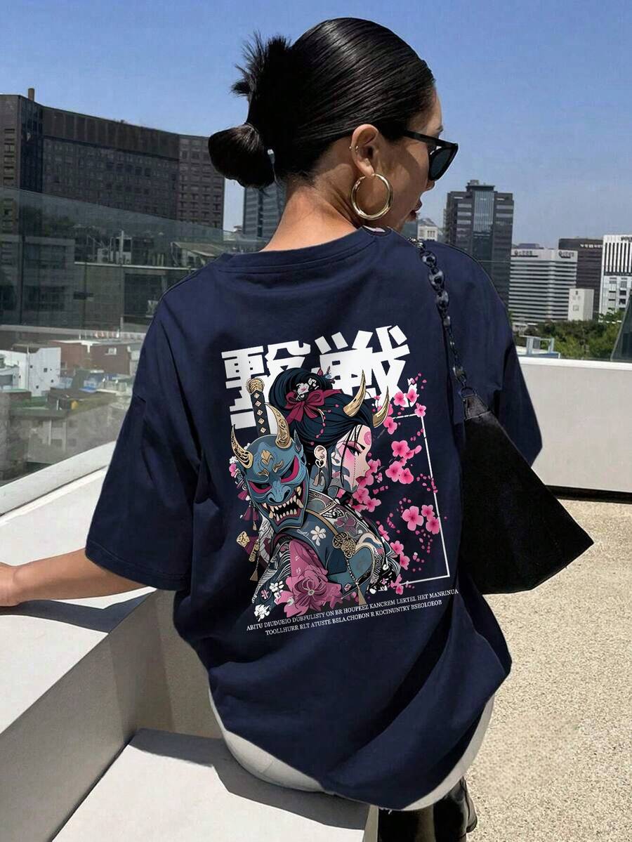 日系“鬼女”风格女式T恤，标准款，樱花图案，舒适短袖上衣，独特圆领街头风动漫灵感休闲服饰