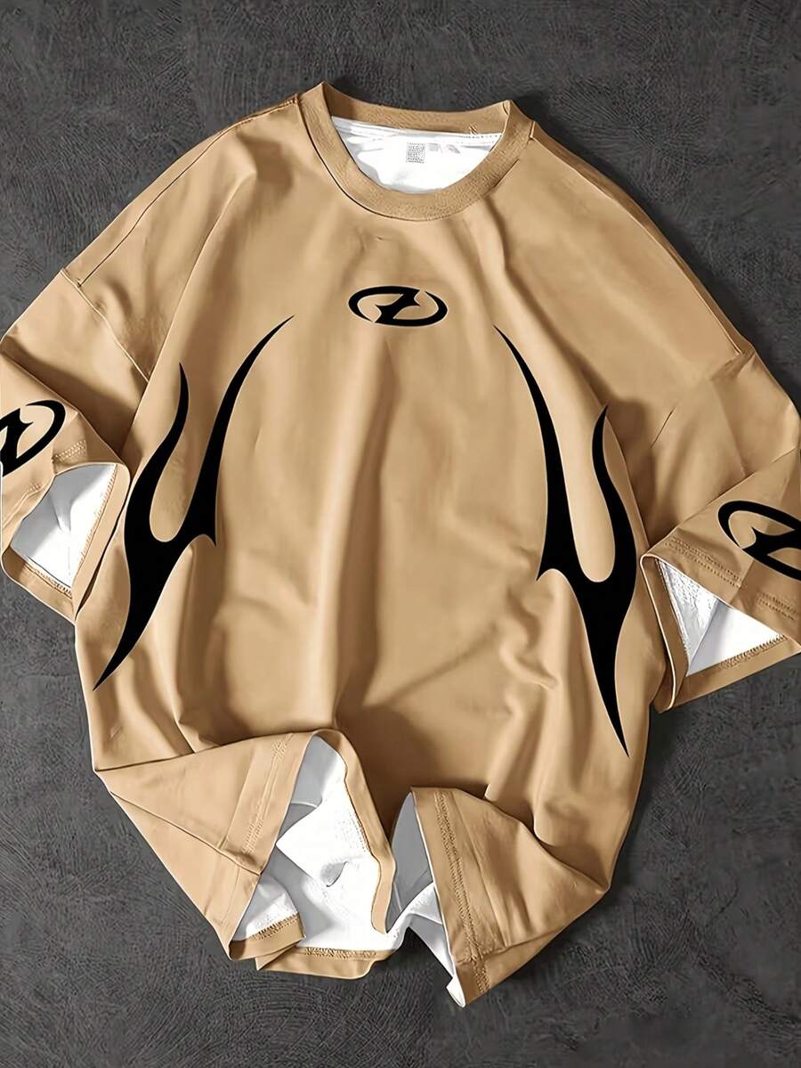 Men's Flame Print Crew Neck Short Sleeve T-Shirt Khaki Black Street Style Casual Top - Multicolor - View 1