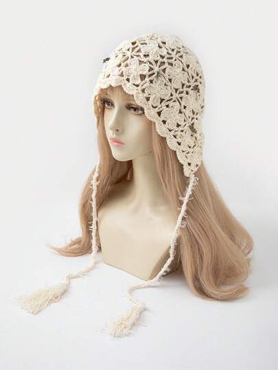 1pc Women's Fashion Spring/Autumn Hollow Lightweight Handmade Crochet Rose Flower Ear Warmer Beanie Hat, Suitable For Boho Style Daily Wear