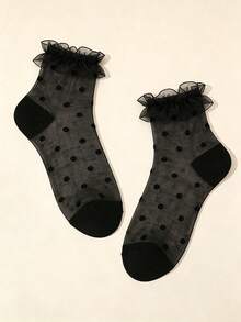 3 Pairs Girls Children Summer Thin Mesh Short Socks, Flocked Polka Dot + Lace Trim, Multiple Colors Available, Princess Style Versatile, Suitable For Back To School Season - Black - View 6