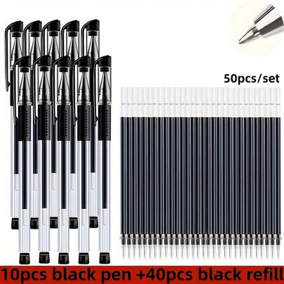 1 pieza Juego de 50 bolígrafos neutros [10 bolígrafos + 40 recambios], Papelería de estudiante, Tinta negra/azul/roja, Bolígrafo de punta 0.5mm, Bolígrafo lindo, Suministros de estudiante y oficina