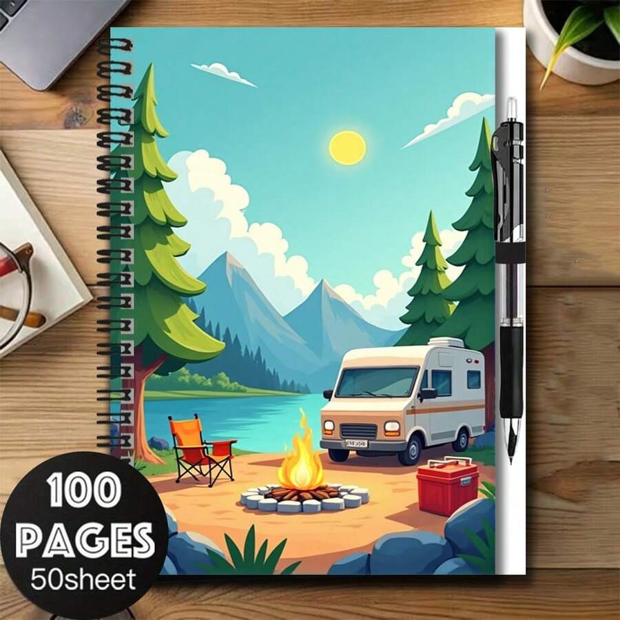 دفتر ملاحظات حلزوني بطبعة لوحة منظر طبيعي بموضوع التخييم مع قلم، 100 صفحة سعة عالية. مناسب لتسجيل العمل والملاحظات الدراسية والخطط اليومية وما إلى ذلك. تصميم فاخر وورق عالي الجودة. سواء للاستخدام المدرسي أو كتابة اليوميات أو كهدية تخرج/عيد ميلاد، فهو خيار ممتاز لتسجيل كل لحظة رائعة. - الخيار أ + قلم واحد - مشاهدة 1
