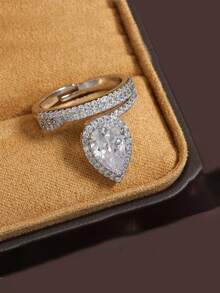 1枚优雅银色水滴形时尚戒指，女士闪亮圆形小锆石镂空几何可调节戒指，新娘婚礼派对度假珠宝礼物 - 銀色 - 查看 3
