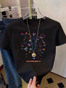 Playera algodón mujer casual cuello redondo manga corta largo regular estampado árbol y mariposa - Negro - Ver 3