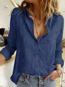 Camisa abotonada de color sólido, camisa elegante de manga larga con cuello primaveral - Azul marino - Ver 4