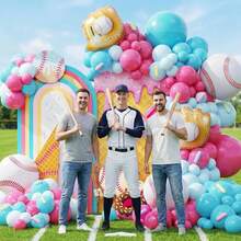 Ice Cream Dripping Baseball-Themed Birthday Party Decorations, A 130-Piece Baseball Balloon Arch Wreath Set, Ice Cream Theme, Bright Pink Latex Balloons Paired With Baseball Foil Balloons, Suitable For Birthday Parties And Gender Reveal Parties. - View 5