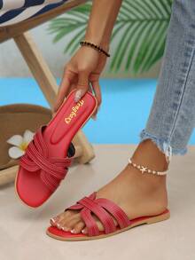 New Fashion Square Toe Flat Sandals For Women - Red - View 4