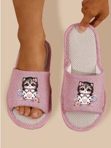 Open-Toe Slippers, New Spring/Autumn/Winter Animal Print Couples Slippers, Cute Animal Design, Linen Breathable Fabric, Home/Holiday Gift - Pink - View 7