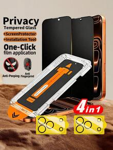 Taamyllrenz 4-In-1 - 2pcs Privacy Tempered Glass Screen Protector + 2pcs Camera Lens Film, Compatible With IPhone 16 Pro Max/17 Pro/17 Pro Max/15/16 Plus/13 Pro Max/12/12 Pro/12 Pro Max Series. Includes Installation Tool Kit And Auto-Alignment Tool. Scratch-Resistant, Shock-Proof, Fingerprint-Proof, 9H Hardness, One-Click Dust-Free Installation. Suitable For Daily Protection, Office And Home Use. - 2 Glass + 2 Lens Film - View 2