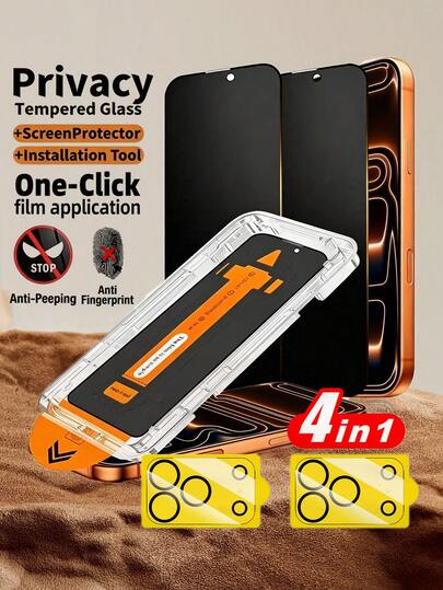 Bộ 4 trong 1 - 2 miếng dán màn hình cường lực chống nhìn trộm + 2 miếng dán bảo vệ ống kính điện thoại, phù hợp với dòng 16 Pro Max/17 Pro/17 Pro Max/15/16 Plus/13 Pro Max/12/12 Pro/12 Pro Max. Đi kèm bộ dụng cụ lắp đặt và công cụ căn chỉnh tự động. Chống trầy xước, chống sốc, chống bám vân tay, độ cứng 9H, lắp đặt dễ dàng chỉ với một thao tác. Thích hợp để bảo vệ hàng ngày, sử dụng tại văn phòng và nhà.