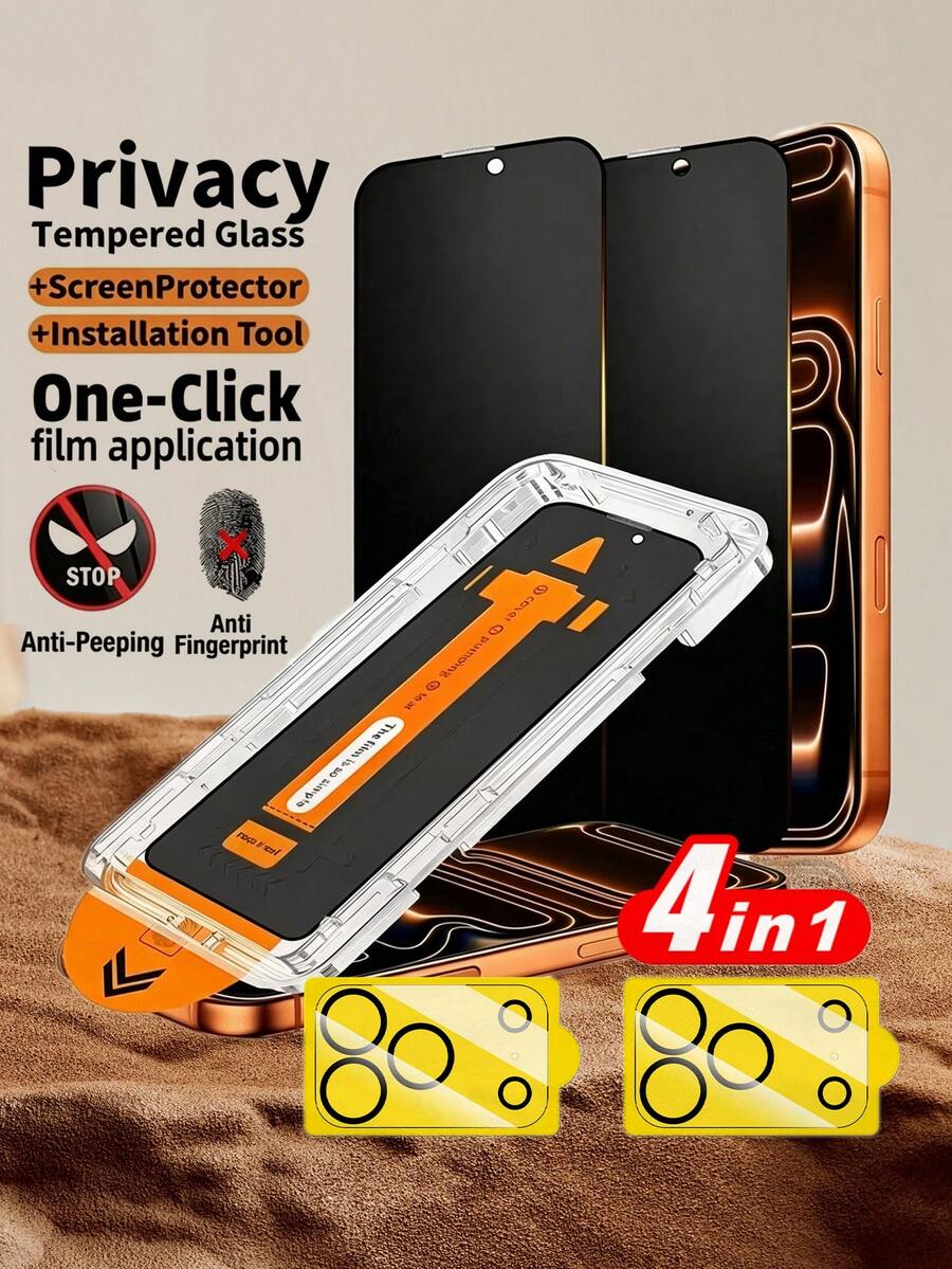 Taamyllrenz 4-In-1 - 2pcs Privacy Tempered Glass Screen Protector + 2pcs Camera Lens Film, Compatible With IPhone 16 Pro Max/17 Pro/17 Pro Max/15/16 Plus/13 Pro Max/12/12 Pro/12 Pro Max Series. Includes Installation Tool Kit And Auto-Alignment Tool. Scratch-Resistant, Shock-Proof, Fingerprint-Proof, 9H Hardness, One-Click Dust-Free Installation. Suitable For Daily Protection, Office And Home Use.