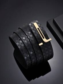 1pc Letter T-Shape Buckle Woven Texture PU Decorative Women's Fashion Faux Leather Belt, Metal Pin Buckle - Fashion Designer Belt, Casual Accessory | Stylish Belt | Exquisite Craftsmanship, Suitable For Summer, Campus Casual, Business Occasions, Gift For Boyfriend, Husband, Father, Men, Daily Wear, Fashionable, Teenagers, Outdoor - Black - View 3