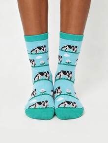 1 Pair Women's Socks, Japanese Style Black & White Cow Print Mid-Calf Socks, Personalized Striped Versatile Sports Unisex Couple Socks, Cartoon Colorful Jacquard Happy Socks - Multicolor - View 5