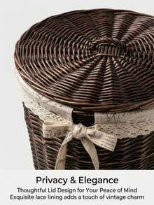 Cesta de Roupas Suja de Vime, Cesto de Roupas Sujas Multifuncional com Tampa, Cesta de Armazenamento de Vime para Quarto - Castanho - Visão 6