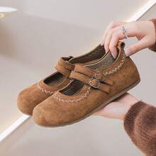 Women's 2026 Soft Bottom Lightweight Comfortable Retro Stitching Double Buckle Decor Round Toe Slip-On Flat Casual Shoes, Suitable For Forest Style, Artistic, All Seasons, Gatherings, Daily Commute, Suede Velvet Camel Mary Jane Shoes - Camel - View 4