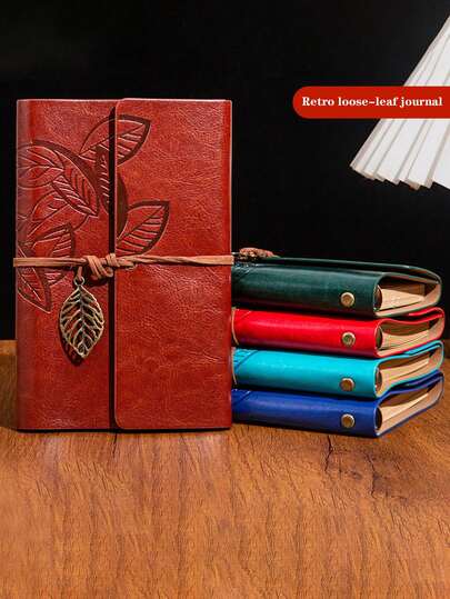 1pc Retro Style Loose-Leaf Notebook, PU Leather Cover And Creative Leaf-Shaped Binding, Suitable For Home Use, Back To School, Office Work, Business Travel And Travel Recording, Multiple Styles Available