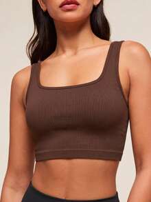 Square Neck Wide Strap Ribbed Cropped Tank Top, Fitted Midriff-Revealing Activewear Shirt, Women Summer Clothing, Versatile Undershirt For Fitness Sports - Coffee Brown - View 3
