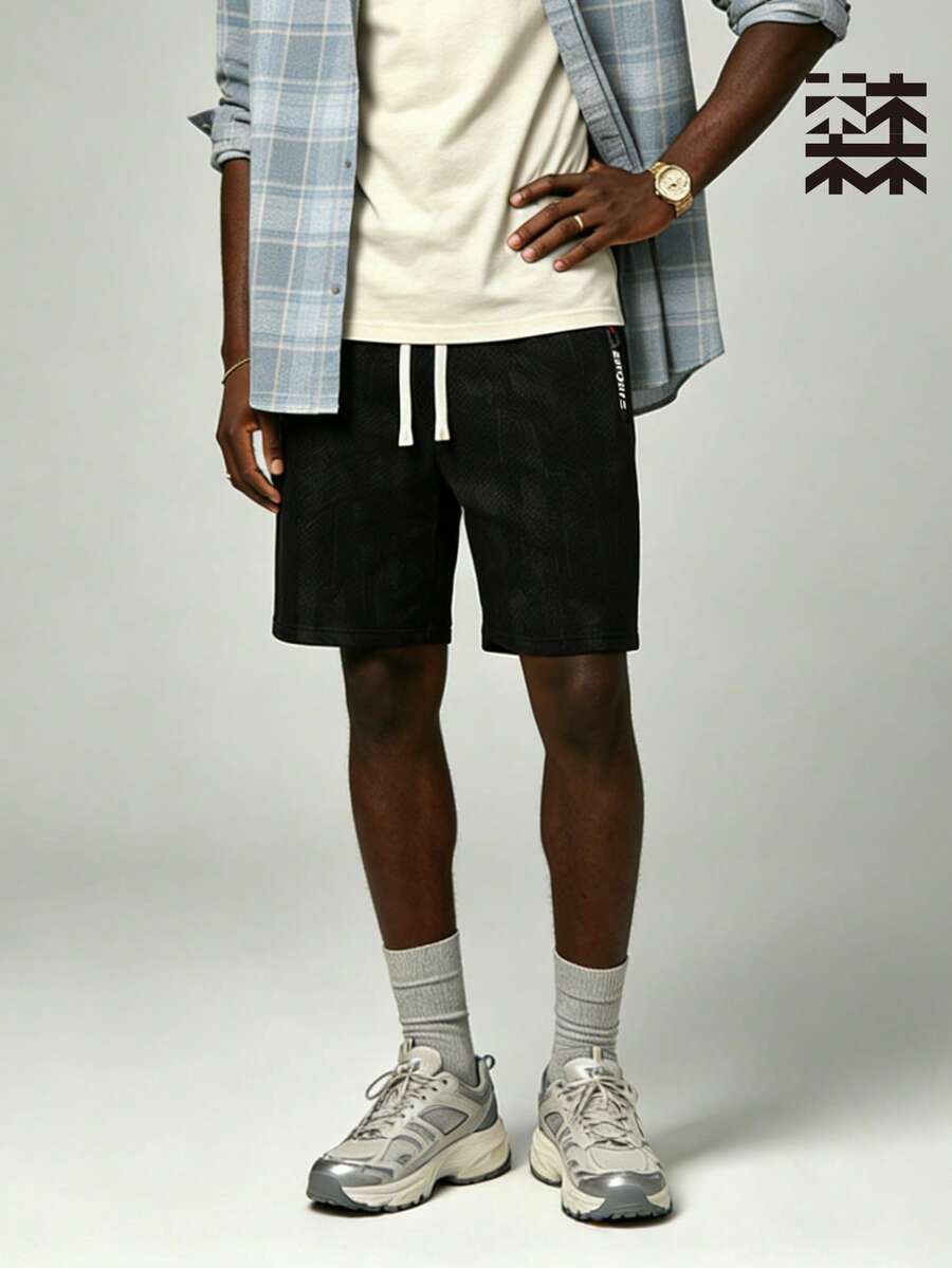 mulinsen Men's Plaid Sports Shorts, Elastic Drawstring Waist, With Zipper Pockets Casual Shorts - Black - View 1