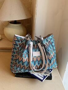 Dedoo Bohemian Style Large Tote Bag, Retro Printed Pattern With Exotic Vibe, Metal Chain Matching Adjustable Strap, Ideal For Daily Commute Short Trips - Blue - View 7