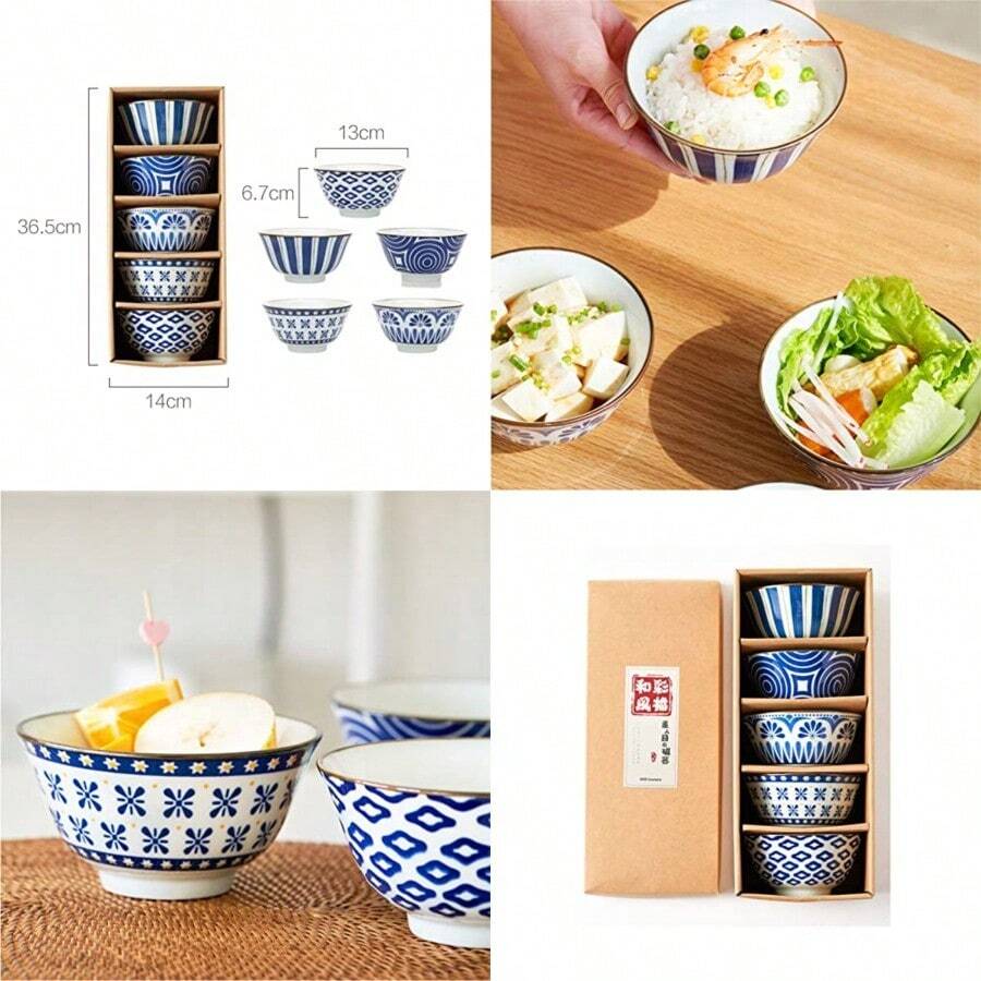 Hivelane C1730 - Cuencos de porcelana estilo japonés de 5 pulgadas en un juego de 5 diseños surtidos de color azul y blanco - Azul - Ver 1