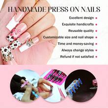 NAILUXE 10pcs Handmade Acrylic Press On Nails, 3D Religious Baroque Nails With Blue Pink Floral Ombre Gold Accents, Long Square Vintage Luxe Old Money Reusable Glossy False Nails Women Formal Events Special Occasions - 彩色 - 查看 7