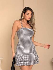 Short Plaid Dress With Bare Back And Crossover For Women's June Party, São João, Duna, Frill, S To L - 黑色 - 查看 4
