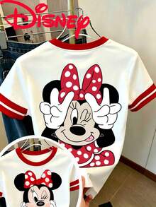 Disney Minnie Mouse Double-Sided Printed Red And White Contrasting Fashionable Women's T-Shirt, Suitable For Summer Wear, With Cool And Breathable Fabric, Comfortable And Versatile, Suitable For Various Occasions - Red - View 1