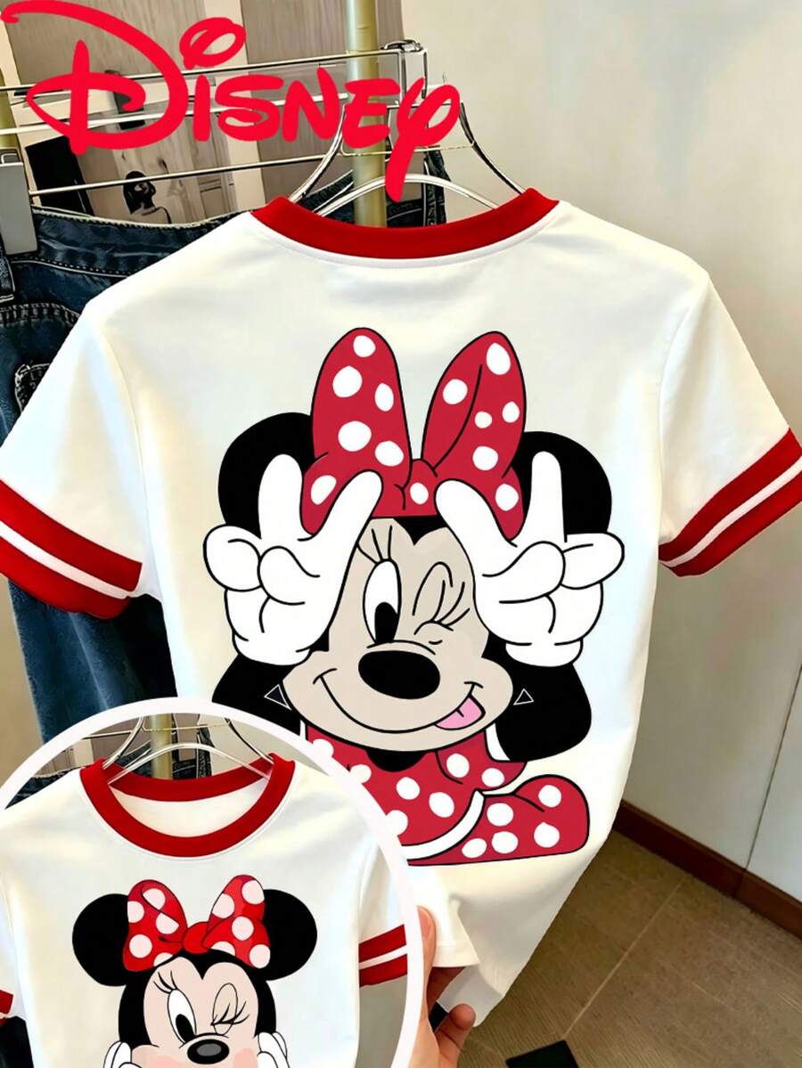 Disney Minnie Mouse Double-Sided Printed Red And White Contrasting Fashionable Women's T-Shirt, Suitable For Summer Wear, With Cool And Breathable Fabric, Comfortable And Versatile, Suitable For Various Occasions - Red - View 1