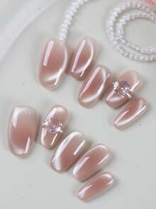 10pcs Press On Nails Nails Press On Nail Supplies Pink Powder Blusher Cat's Eye Flash Diamond Fake Nails Short Office DailyWear False Nails Artificial Nails Kit Includes 1sheet Adhesive Tabs &1 Pc Mini File - Multicolor - View 2