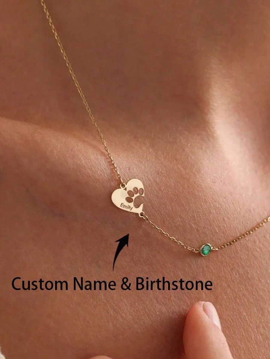 1pc Personalized Heart-Shaped Birthstone Pendant Necklace, Customized Name Heart Pendant, 18K Gold Plated Stainless Steel Material, Can Customize English Name And Birthstone, Minimalist Style, Gift For Her, Stainless Steel Jewelry, Silver/Gold Heart-Shaped Birthstone Necklace, Suitable For Bridesmaid Accessories, Birthday, Anniversary, Halloween, Christmas Gifts - Multicolor - View 1