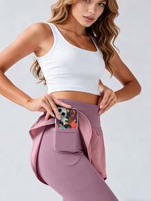 1 Set de Shorts deportivos de cintura alta de 2 en 1 con bolsillos con cremallera, de unicolor, multiusos, minimalistas, para fitness, yoga y running, de nueva temporada primavera/verano - Rosa - Ver 3