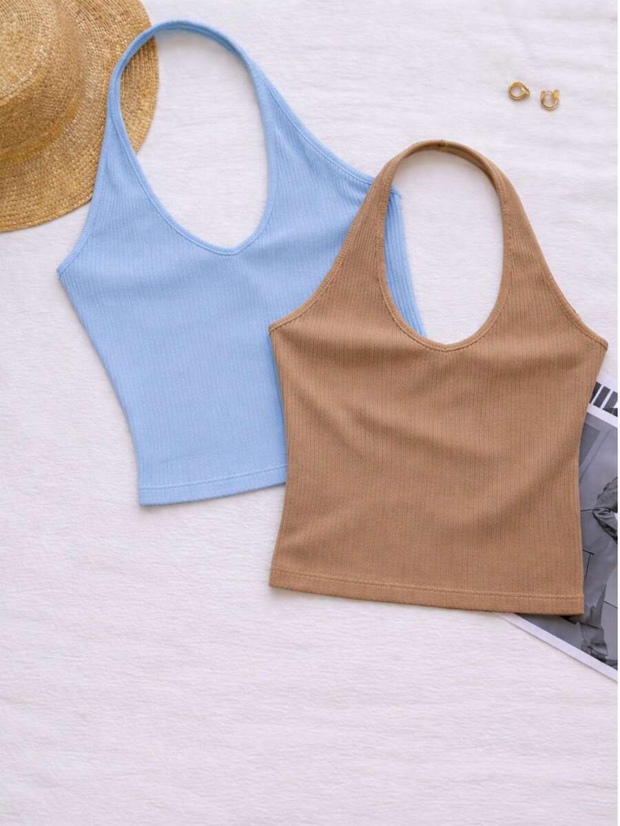 Women's 2 PACKS Ribbed Knit Crop Tank Tops, Crew Neck Slim Fit Casual Basic - Cream - View 1