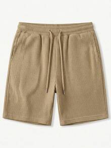 Men's Waffle Knit Sports Set, Casual Daily Short Sleeve Top + Shorts 2 Pieces Set - Khaki - View 3