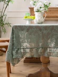 1pc Elegant French Floral Lace Trim Tablecloth, Fresh Decor For Dining Table, Holiday - Green - View 4