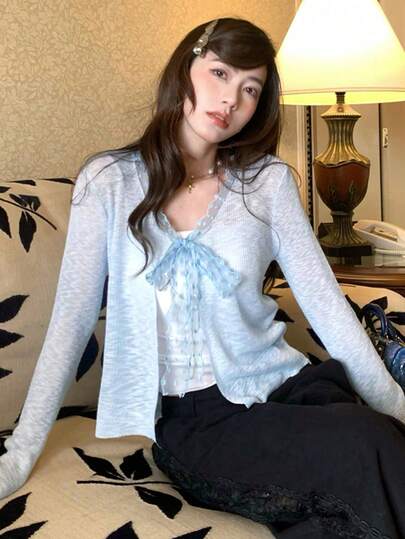 纯色蕾丝拼接V领短款针织开衫披肩（女款）